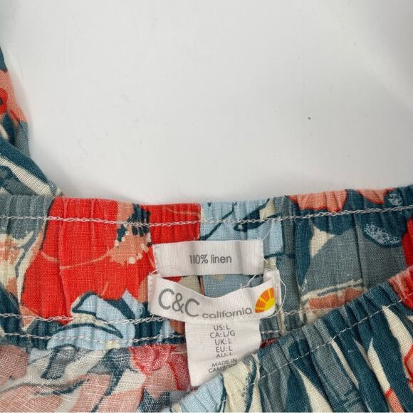 C&C CALIFORNIA Pants 100% Linen Large Floral Tropical Wide Leg Elastic Cropped - Picture 3 of 12